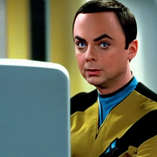 Image similar to sheldon cooper from the big bang theory in star trek ( 1 9 9 6 )