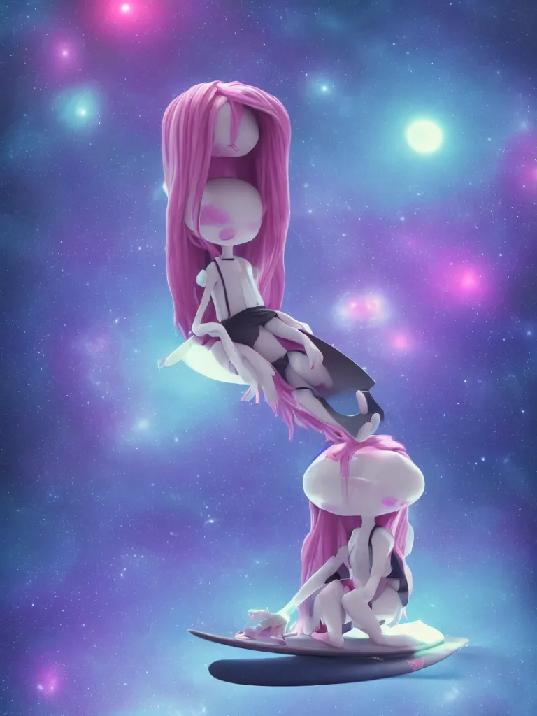 Prompt: cute fumo plush gothic maiden alien girl sitting on a surfboard in the dark galactic abyss, heart eyes, vignette, vray