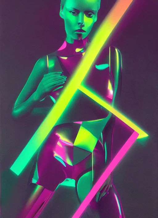 Image similar to futuristic lasers tracing, colorsmoke, laserpunk fullbodysuit, pyramid visor, raindrops, wet, oiled, beautiful cyborg girl pinup, by steven meisel, kaws, rolf armstrong, cubist perfect geometry abstract acrylic, hyperrealism photorealistic airbrush collage painting, monochrome, neon fluorescent colors, minimalist rule of thirds, eighties eros