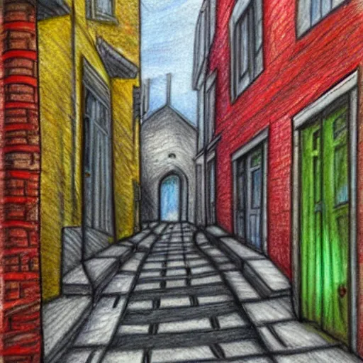 Image similar to narrow street between houses, colorful pencil drawing, concept art, high detail