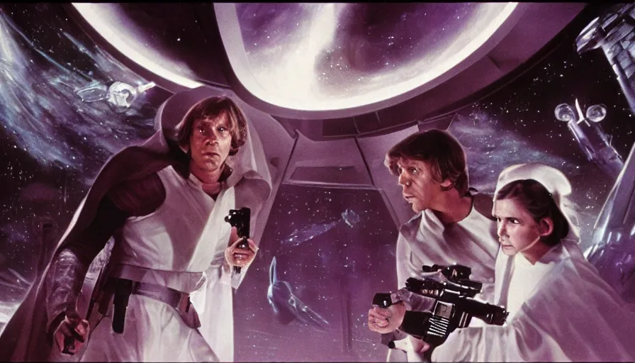 Image similar to screenshot portrait of Luke Skywalker and Princess Leia, facing off against an incredibly haunting female sith lord in white, on a sith planet of purple magic maelstrom, iconic scene from the 1970s sci fi thriller film by Stanley Kubrick, HR Geiger, stunning cinematography, hyper-detailed, sharp, anamorphic lenses, kodak color stock, 4k, stunning