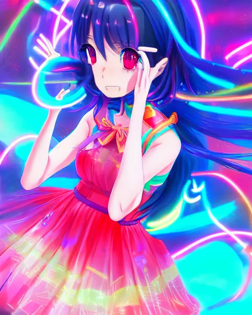 Image similar to anime style, vivid, expressive, full body, 4 k, painting, a cute magical girl idol with a long wavy colorful hair wearing a colorful dress, correct proportions, stunning, realistic light and shadow effects, neon lights, studio ghibly makoto shinkai yuji yamaguchi