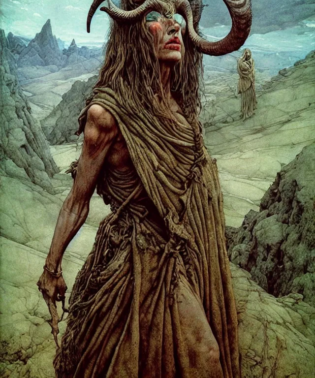 Image similar to A detailed horned goatwoman stands among the hills. Wearing a ripped mantle, robe. Perfect faces, extremely high details, realistic, fantasy art, solo, masterpiece, art by Zdzisław Beksiński, Arthur Rackham, Dariusz Zawadzki