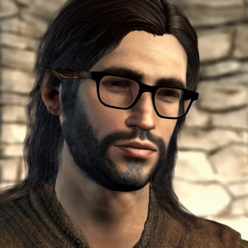 Prompt: a full figure screenshot of a handsome guy with very long brownish! hair, with nerdy glasses in skyrim