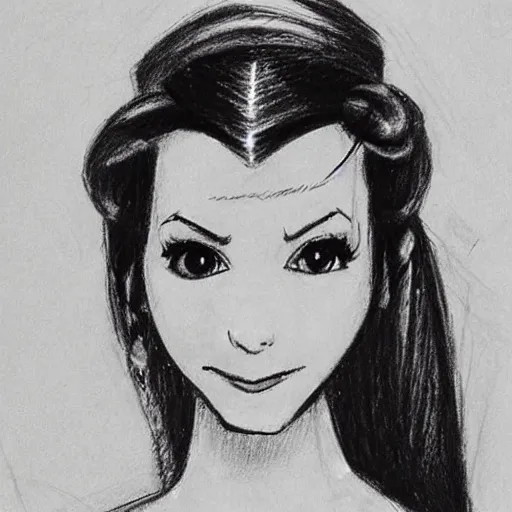 Image similar to milt kahl sketch of victoria justice with done up hair, tendrils covering face and ponytail as princess padme from star wars episode 3