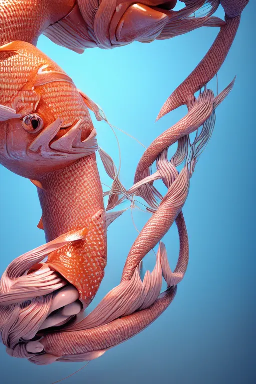 Image similar to a sculpture of fish ocean intertwined, diode lighting, a lovely cornucopia of flowers and human body parts, body parts, highly detailed, octane render, cinematic, sharp focus, clean, studio lighting