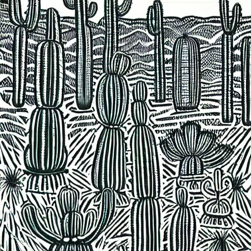 Image similar to Detailed, Linocut Art on paper of a beautiful field of cactus. Epic Latin American Linocut Art.