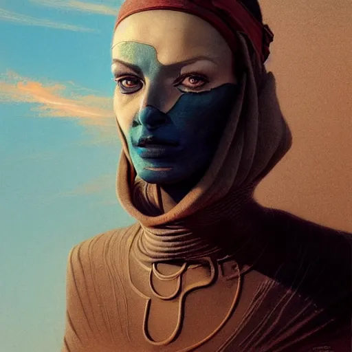 Image similar to a stunning hyperrealistic character from the movie Dune walking through an arid minimalistic desert with harsh noon sunlight, award-winning, masterpiece, in the style of Tom Bagshaw, Cedric Peyravernay, Peter Mohrbacher