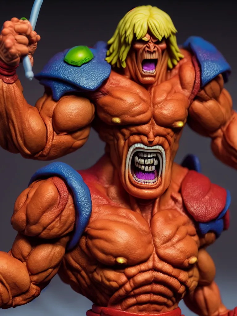Image similar to hyperrealistic rendering, he - man by art of skinner and richard corben and jeff easley, product photography, action figure, sofubi, studio lighting, colored gels