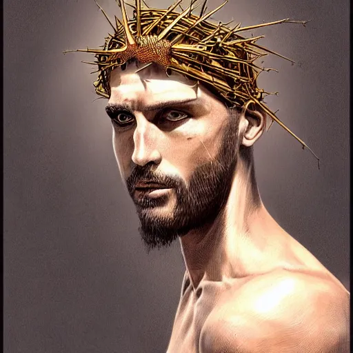 Image similar to portrait of a lizard as jesus, surrealist, crown of thorns, cross, christianity, intricate, elegant, highly detailed, centered, grungy, digital painting, artstation, concept art, smooth, sharp focus, boris vallejo