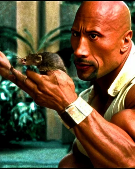 Image similar to film still close - up shot of dwayne johnson as stanley ipkiss petting a mouse in the movie the mask. photographic, photography