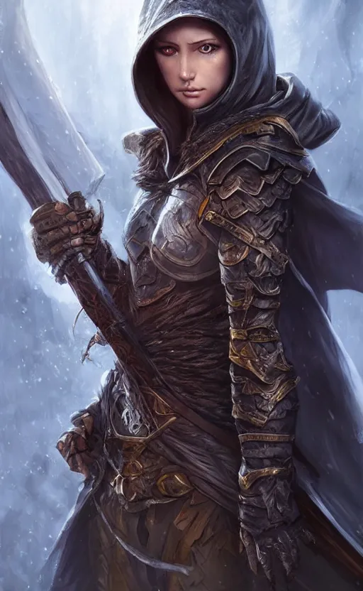 Image similar to a hooded female ranger, d & d, full body, 8 k, hyperrealistic, dragon slayer, hyperdetailed, fantasy portrait by laura sava