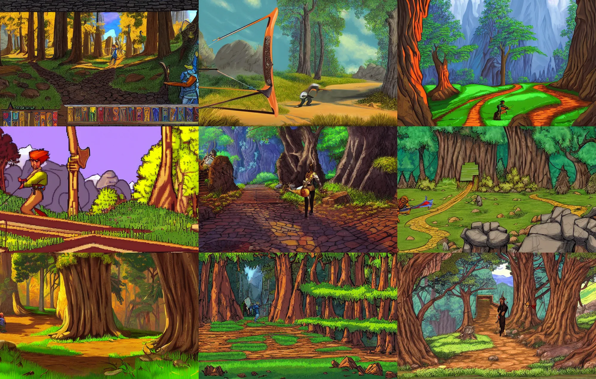 Prompt: a path up to a archery tournament, from a fantasy point and click 2 d graphic adventure game, art inspired by john shroades, king's quest, sierra entertainment games, colorful landscape painting