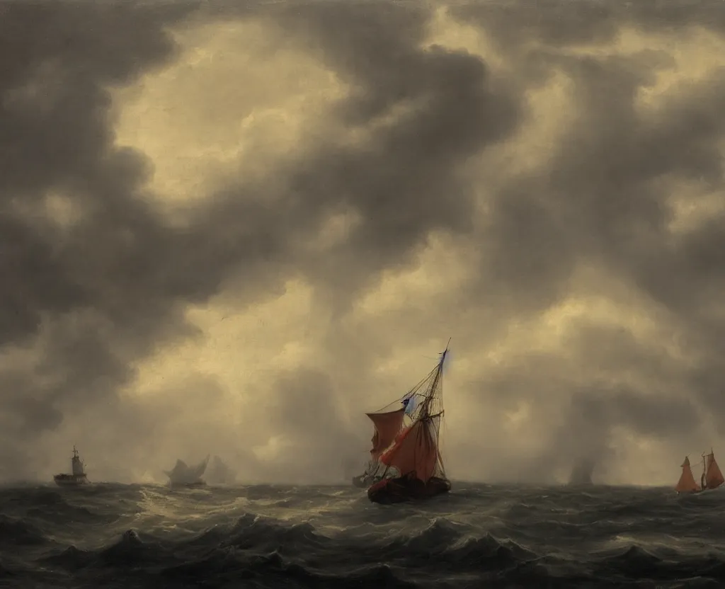 Image similar to ''lonely 18th century sail ship on the red ocean, dramatic, romantic era painting, moody, mist, mysterious''