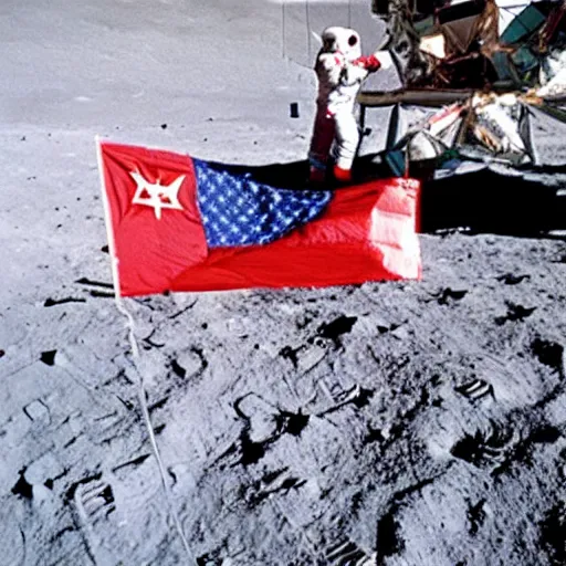 Image similar to astronaut planting a ussr flag on the moon in 1 9 6 9