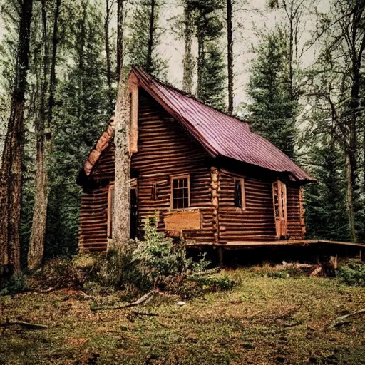 Image similar to a extremly blurry photo of a Eerie cabin in the middle of the woods in the style of old 2000 iphone