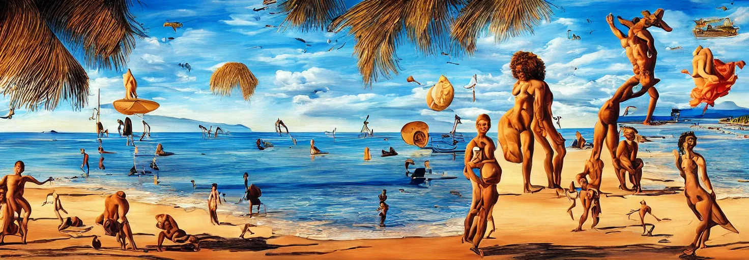 Image similar to People in beach by Salvador Dali and Bob Ross collaboration, mural, sun set, digital art, high details