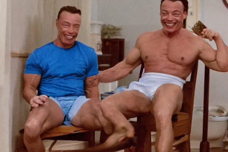 Image similar to hyperrealistic Jean Claude Vandamme doing the splits, spread eagle between two chairs over a toilet, golden hour, smiling, award winning