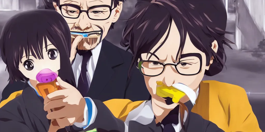 Image similar to anime key art of walter white dressed as a japanese schoolgirl with a tost in his mouth, digital art 4k