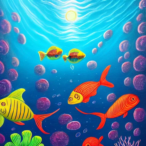 Image similar to i am at the bottom of the ocean looking up, see fishes swimming, the milk way up above, night time, midnight. highly detailed painting 8 k