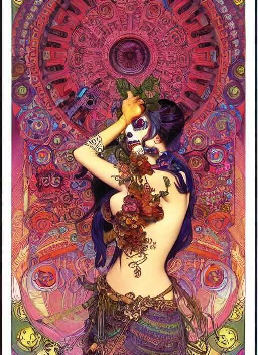 Prompt: realistic detailed psychedelic poster art of a cute steampunk android fractal Día de los Muertos girl dancing by Victor Moscoso Rick Griffin Alphonse Mucha Ayami Kojima Amano Charlie Bowater, masterpiece