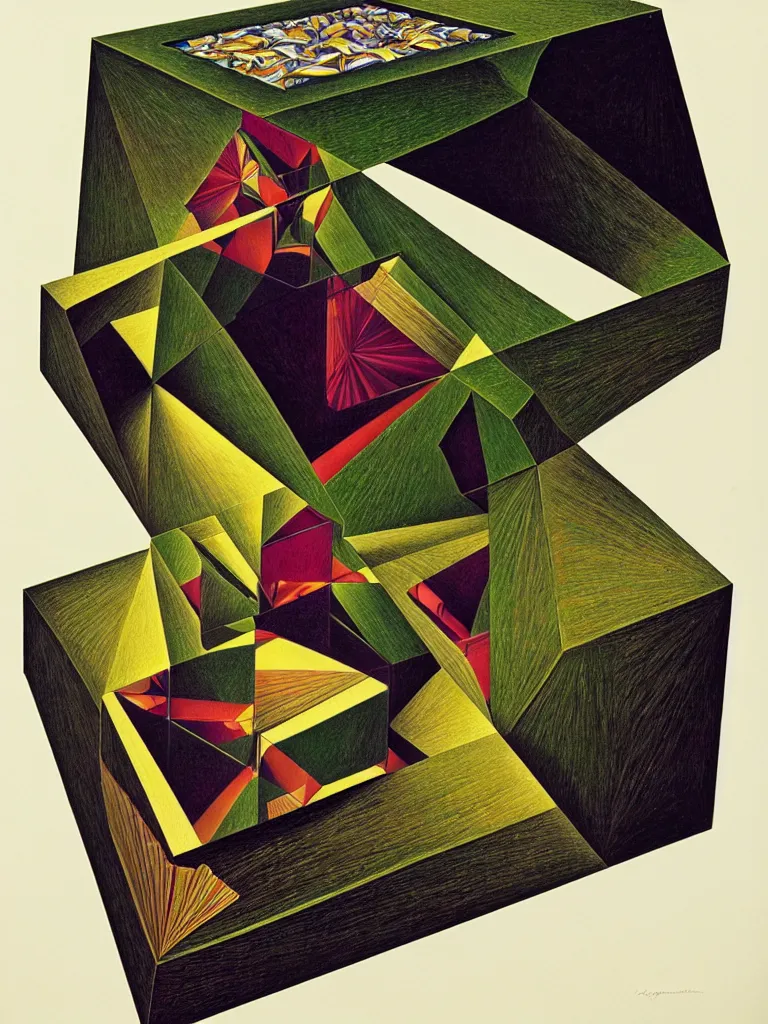 Prompt: hyperrealistic still life portrait of a tesseract, impossible shape, by caravaggio, mc escher, and yosumo okuta, botanical print, surrealism, vivid colors