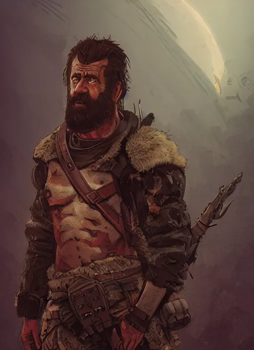 Image similar to A grimdark comic book style portrait painting of Mel Gibson as a post apocalyptic warrior survivalist in a atmospheric dark bombarded landscape with large dead trees, unreal 5, DAZ, hyperrealistic, octane render, RPG portrait, ambient light, dynamic lighting