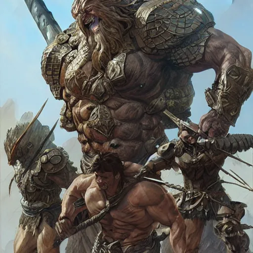 Image similar to muscular ogre - like fierce warrior with tree - bark skin wearing intricate stone and wood armor, towering above a group of soldiers, battlefield, highly detailed, digital painting, artstation, concept art, smooth, sharp focus, illustration, art by artgerm and greg rutkowski and alphonse mucha