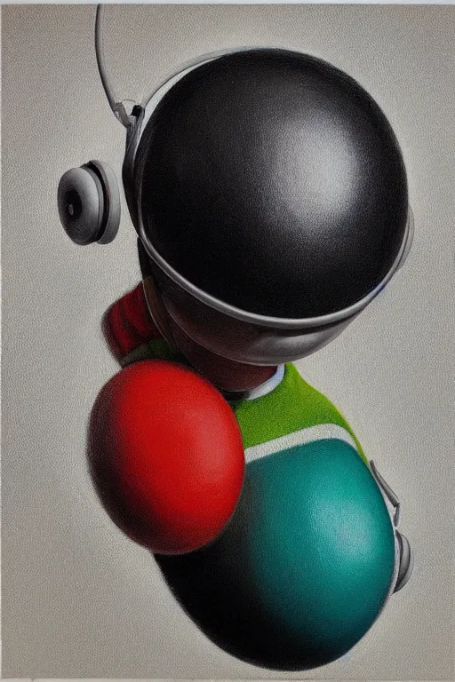 Image similar to hyperrealism surrealism acrylic painting, close - up portrait of bowling ball - with big headphones and a mime sweater, aerosol splashes on paper background, art by jeff soto