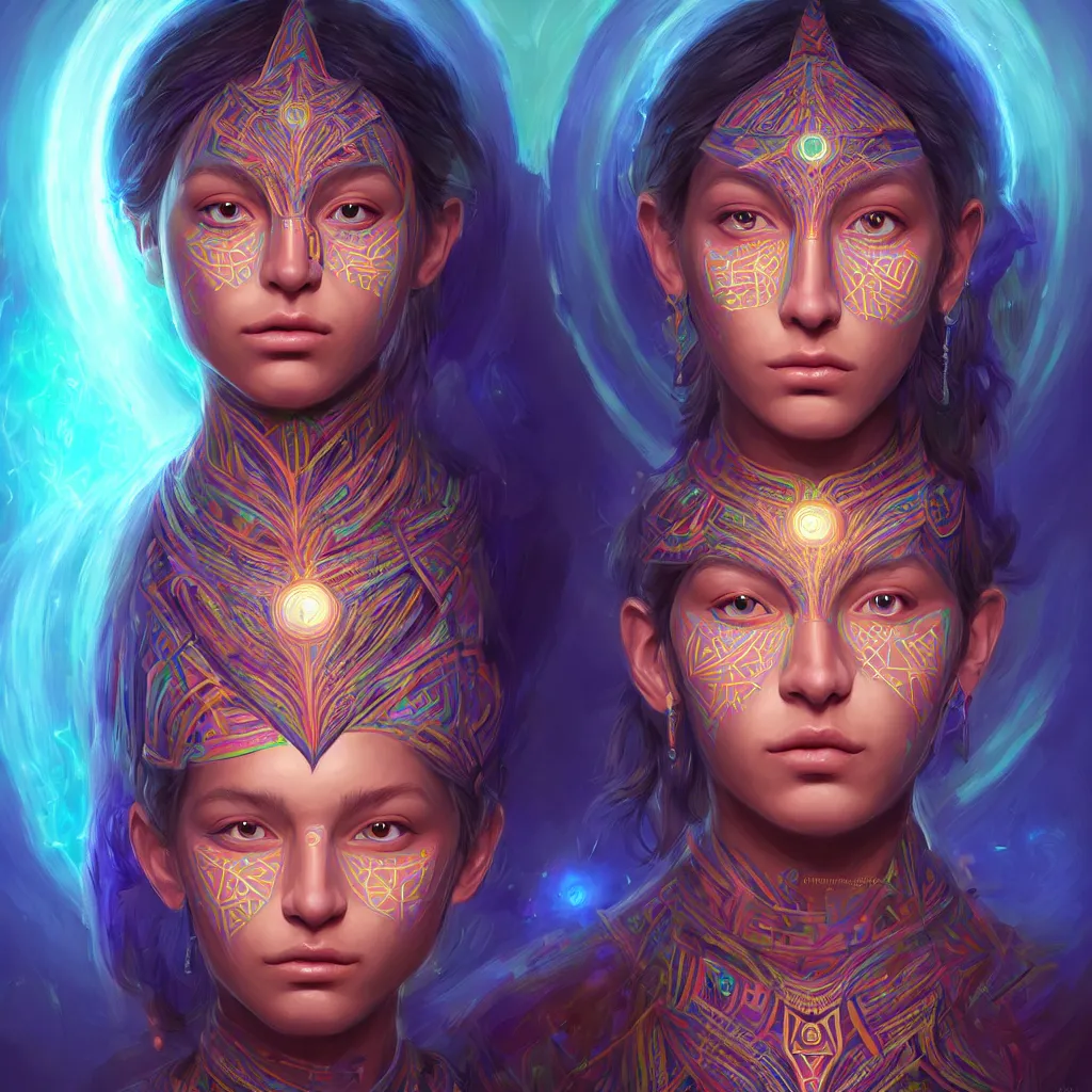 Image similar to portrait of a future metaverse ayahuasca tech shaman warrior, 2 d cartoon, visionary art, symmetric, magick symbols, holy halo, shipibo patterns, sci - fi, concept art, trending on art station, 8 k digital art, by mandy jurgens, fantasy portrait art, anime