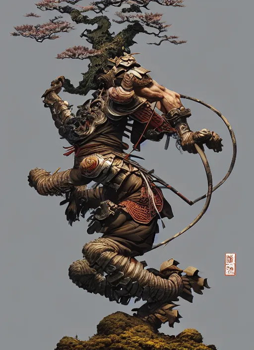 Image similar to samurai with a bonsai growing out of his head, intricate, rim light, octane render, by jesper ejsing, james jean, justin gerard, tomasz alen kopera, cgsociety and fenghua zhong, highly detailed, art, cinematic lighting, very coherent, hyper realism, high detail, 8 k