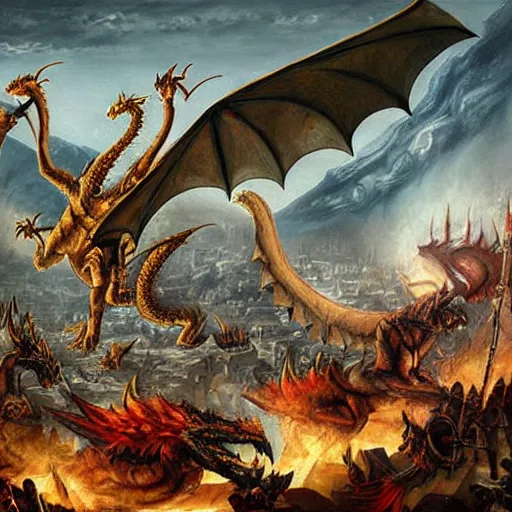 Image similar to dragons, fall of rome, epic painting