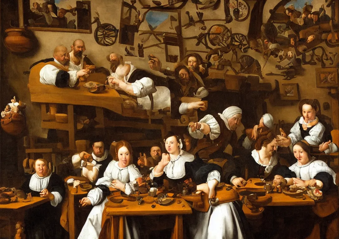 Prompt: Jan Steen. One Beautiful woman big in the center looking at us. Pig, dog, duck, window. Netherlands tavern, low ceiling, small chamber. Hyperrealistic, ultra detailed, 80mm, museum, artwork. Empty. Daylight.