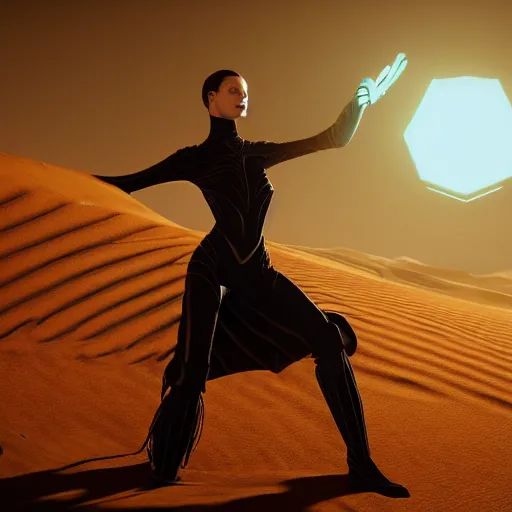 Image similar to dune movie inspired avant-garde art, deco fashion, highly detailed, photorealistic portrait, bright studio setting, studio lighting, crisp quality and light reflections, unreal engine 5 quality render