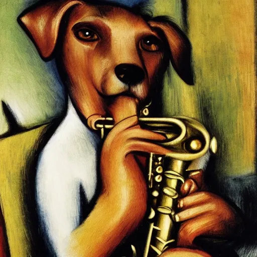 Prompt: dog playing the saxophone, sitting on the couch, medieval portrait, by franz marc, close up