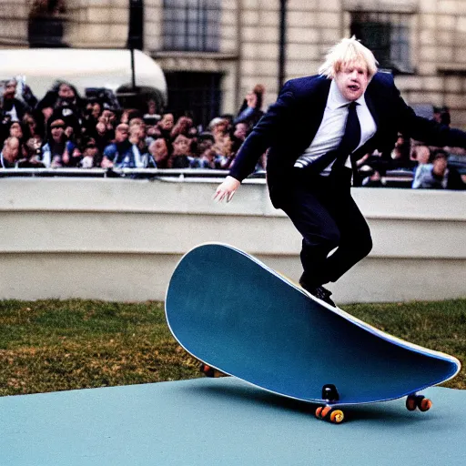 Image similar to boris johnson skateboarding the half pipe, photorealistic, velvia