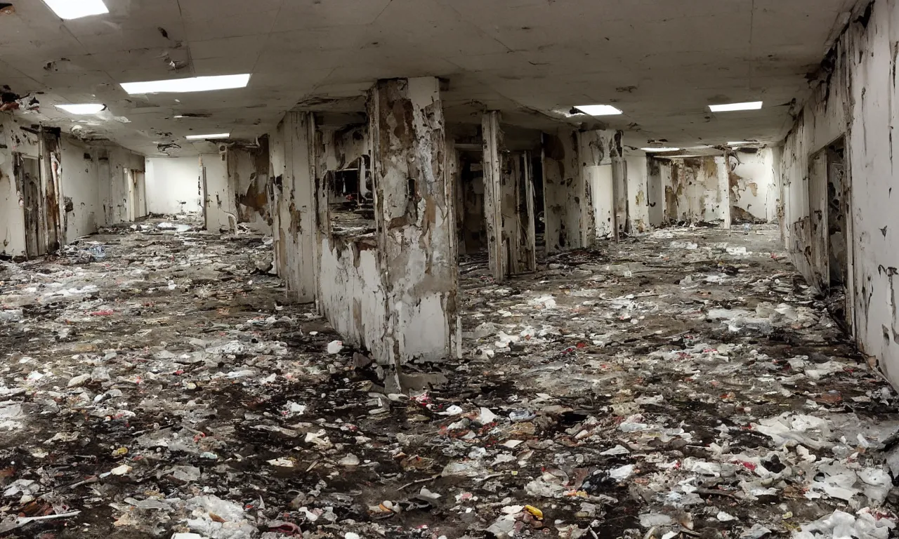 Prompt: backrooms abandoned mall, moldy walls and fiery garbage