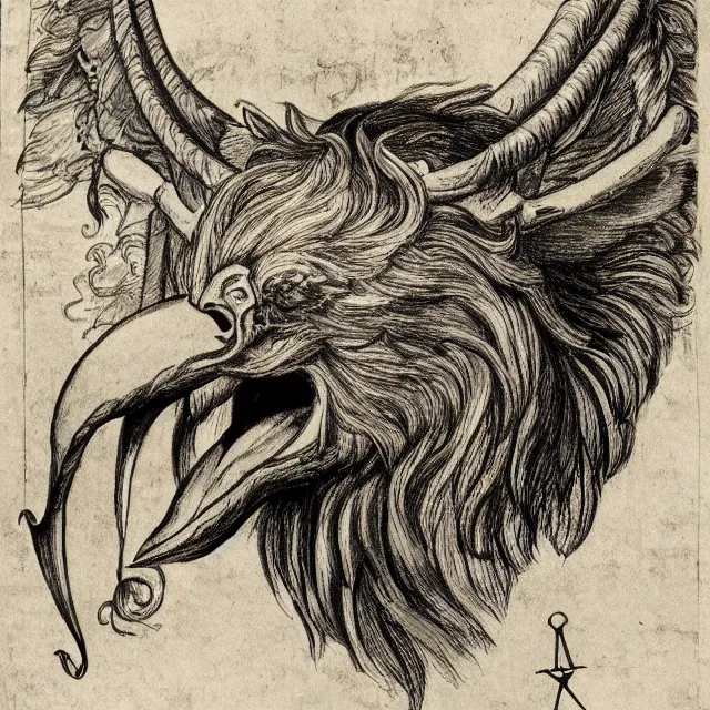 Image similar to human / eagle / lion / ox hybrid with two horns, one beak, mane and human body. drawn by da vinci