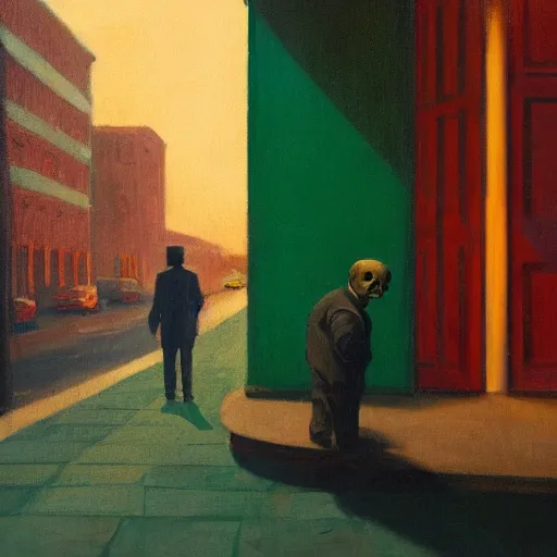 Image similar to a portrait painting of a lonely man with a skull as his head waiting for the bus at night, close up of the man, green dramatic and cinematic light from the streetlight, the sky is full of stars, in the style of edward hopper, 4 k,