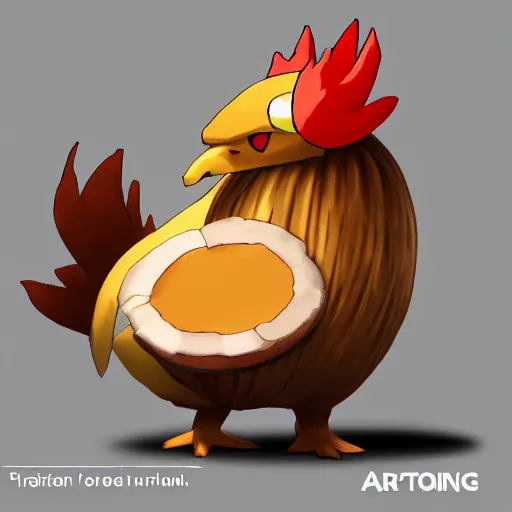 Image similar to a pokemon that looks like a coconuts .A rooster that looks like a coconut, which splits in half into wings,Trending on art station. Unreal engine.