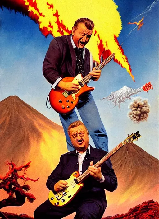 Prompt: rodney dangerfield shredding on a gibson les paul, painting by frank frazetta, heavy metal artwork, bad motherfucker playing a solo while a volcano erupts, high intensity rodney dangerfield promo shot, 3 d