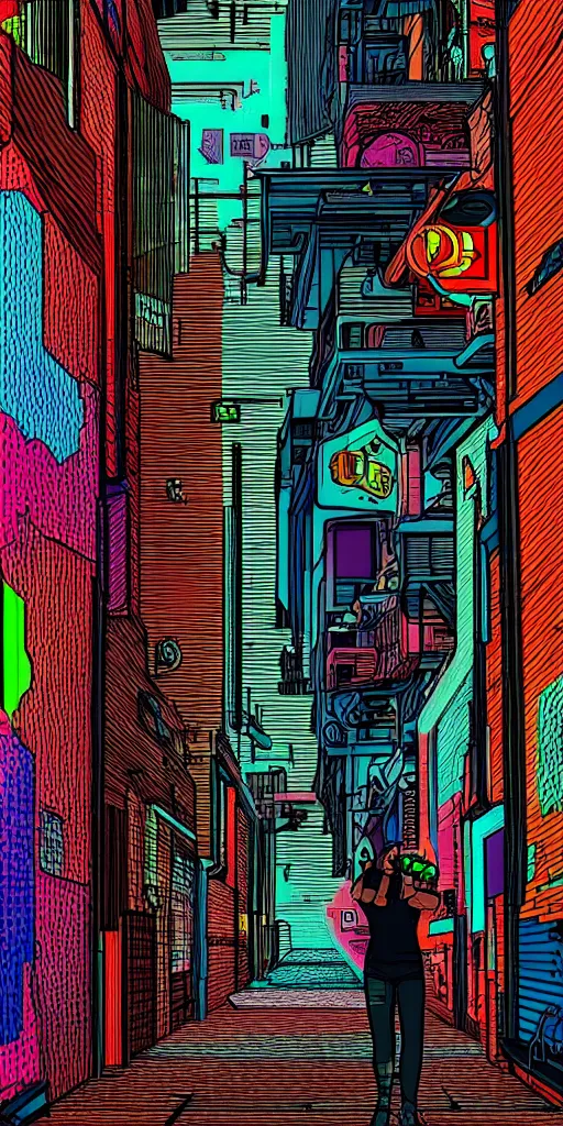 Image similar to person standing in a cyberpunk alley, pop art, markers, rtx, 8 k, ray tracing, highly detailed