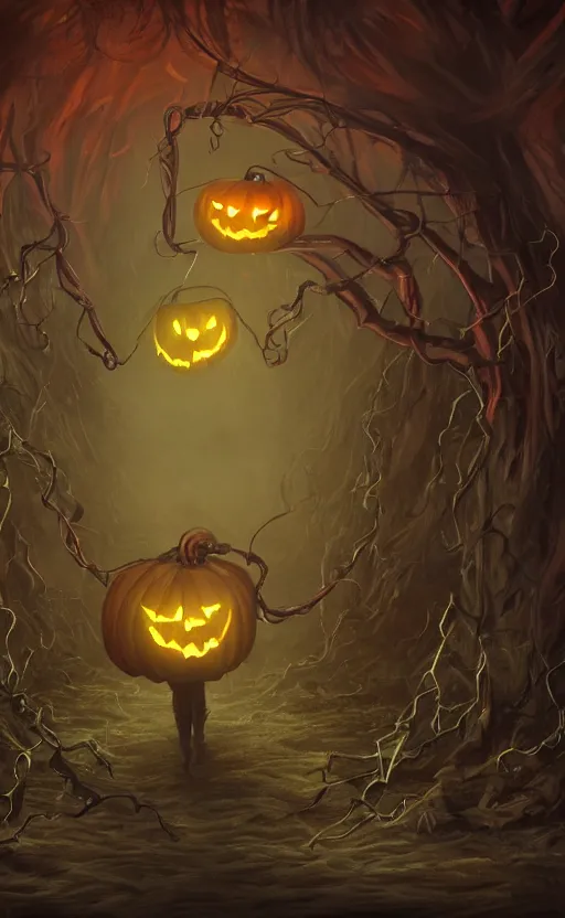 Image similar to fantasy monster concept art, a jack o lantern monster with vines for a body walking down a street of nightmares, dynamic lighting, photorealistic, trending on art station, stunning visuals, creative, cinematic, ultra detailed, atmospherical, ambient lighting, scary art, eery art