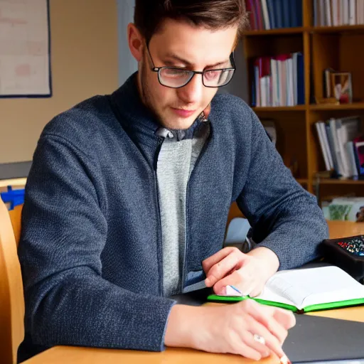 Prompt: photo of man doing homework