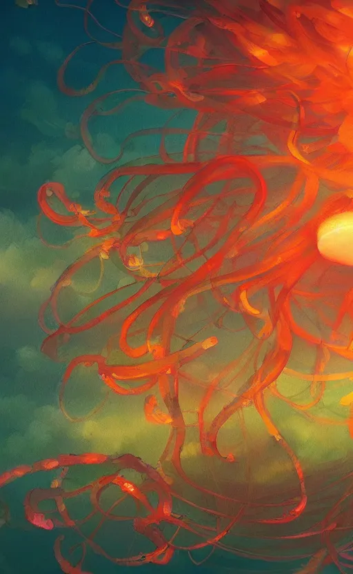 Image similar to jelly fish, autumn light, colorful, smoke, beautiful, by studio ghibli, digital art, concept art, sharp focus, illustration