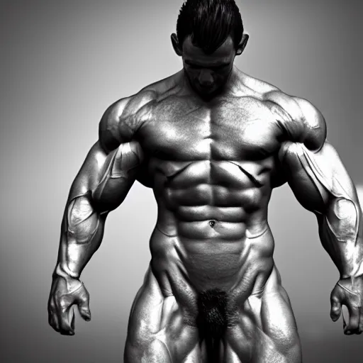 Image similar to extremely muscular ernest khalimov flexing, dslr, award winning, 8 k, octane beautifully detailed render, grayscale, cinematic lighting, detailed photo, masterpiece, volumetric lighting, ultra realistic, highly detailed, high quality, lossless, photorealistic, sharp focus, hd