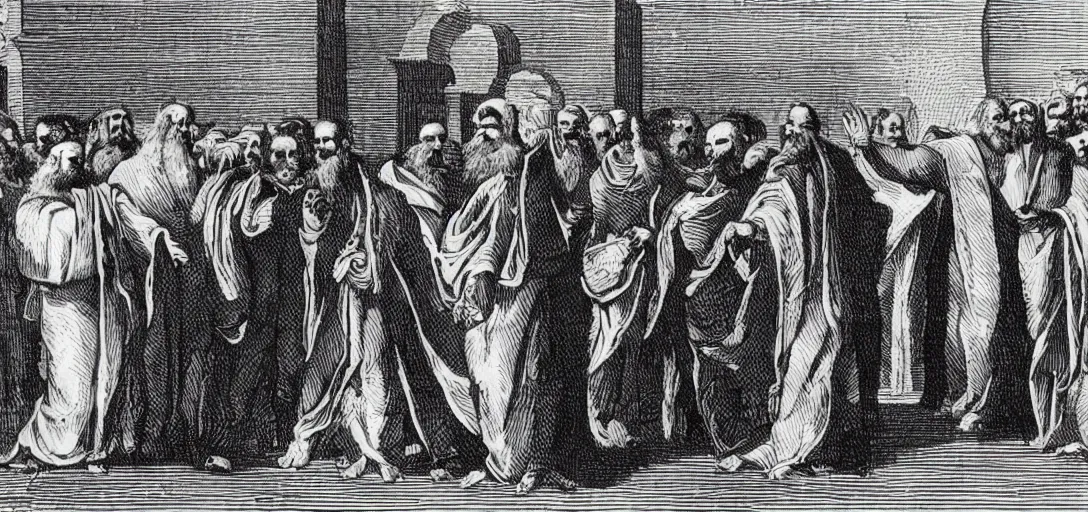 Prompt: origen of alexandria debates with epiphanius of salamis on a presidential debate stage