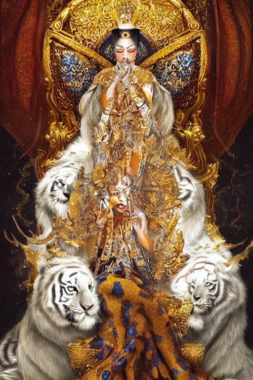 Image similar to ultradetailed painting of a beautiful grand empress on a throne made of gold and Jewels with a single white tiger guardian at her side by Karol Bak, magical realism, volumetric lighting, depth of field, 4k