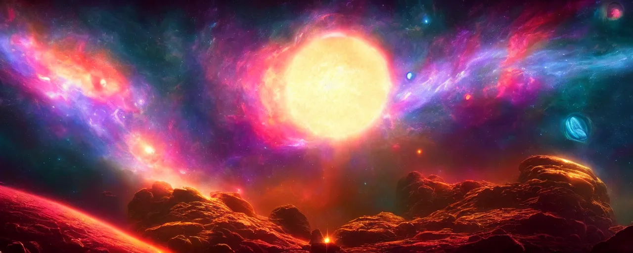 Image similar to outer solarsystem gas planet face of god nebula, [ cinematic, detailed, epic, widescreen, opening, establishing, mattepainting, photorealistic, 4 k, octane render, art by paul lehr ]