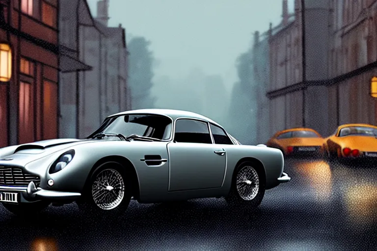 Image similar to a wholesome animation key shot of!! one!! focused!! aston martin db 5!!, in a wet london street, raining, wide shot, studio ghibli, pixar and disney animation, sharp, very detailed, high resolution, rendered in unreal engine 5, anime key art by greg rutkowski, bloom, atmospheric lighting